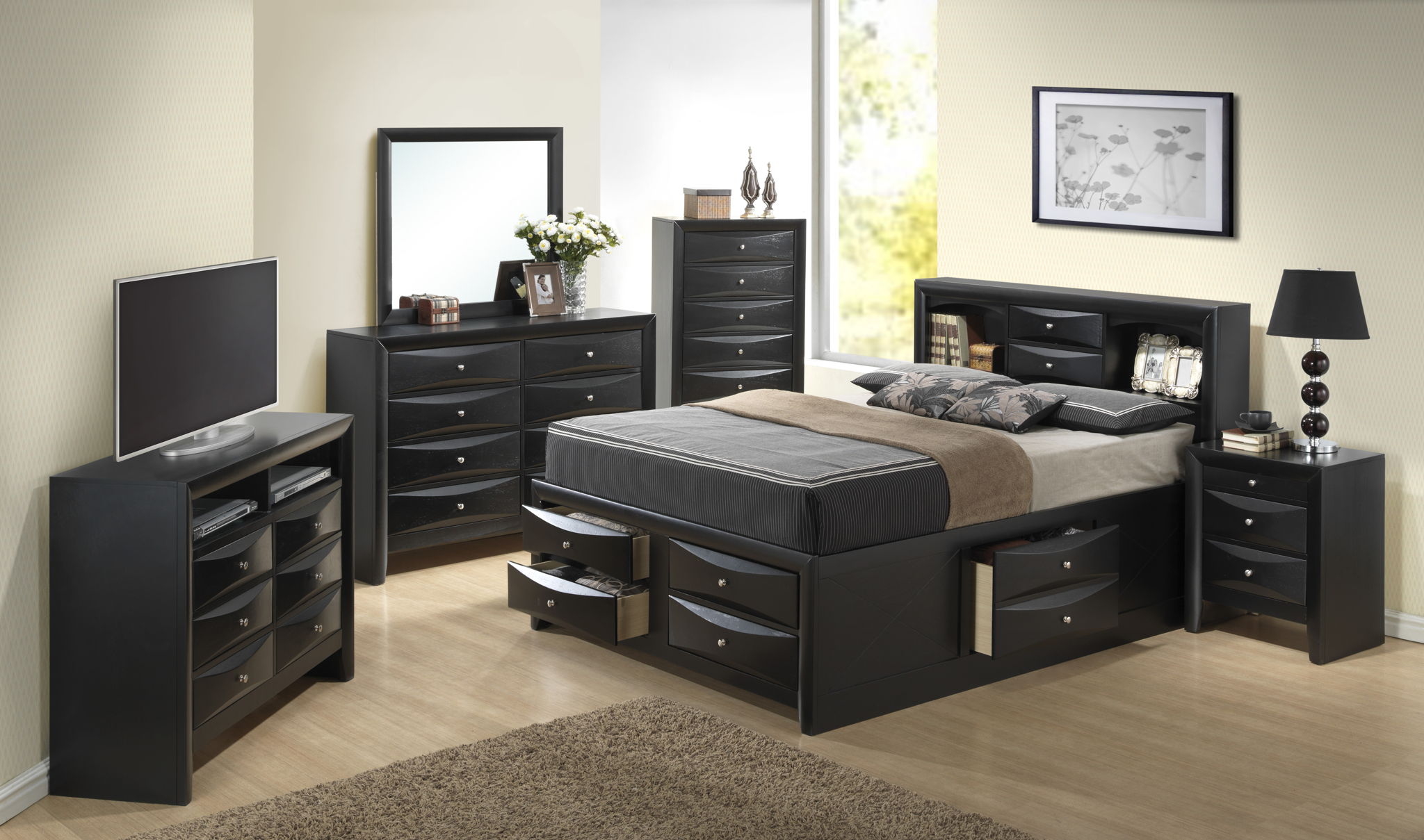 Modern Design Storage Bed With Bookcase Headboard