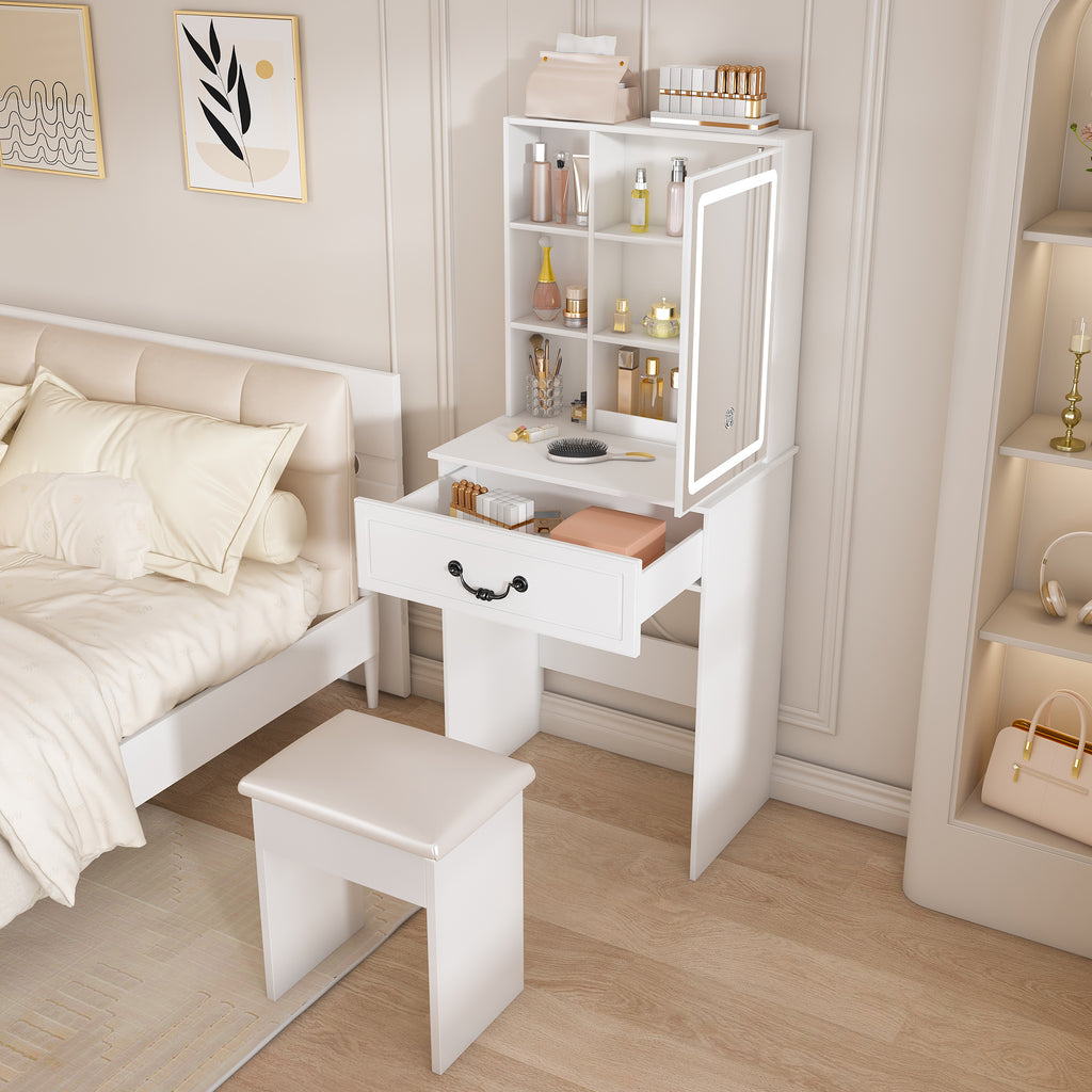 Modern Mini Dressing Table with LED-lit Mirror & Hidden Storage
