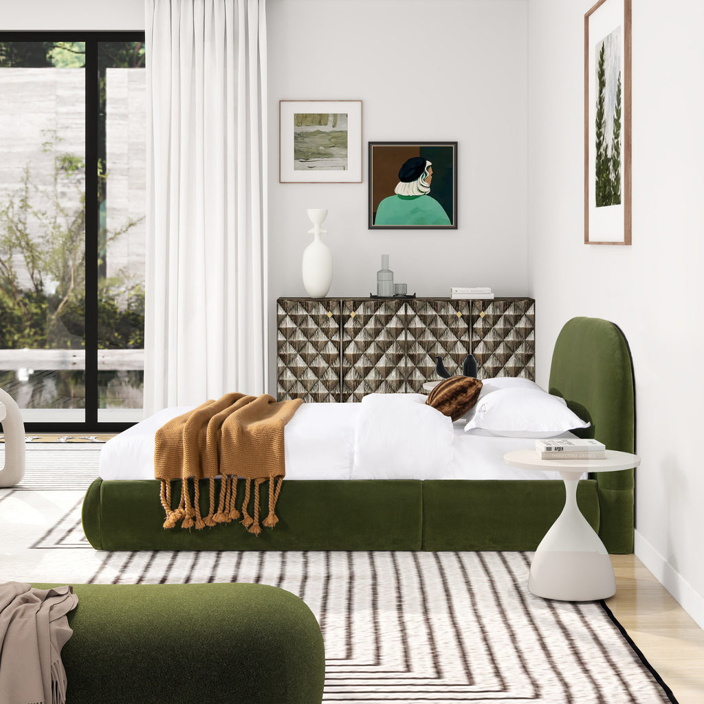 Archie Puffy Grounded Upholstered Platform Bed, Olive