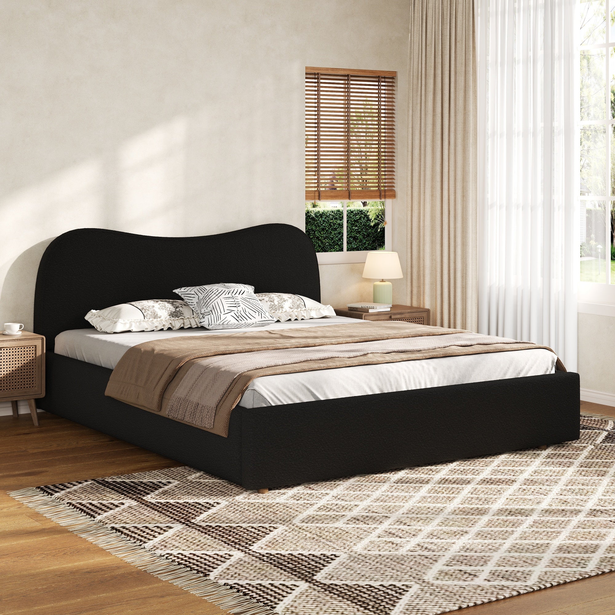 Queen Size Upholstered Platform Bed with Wooden Slats