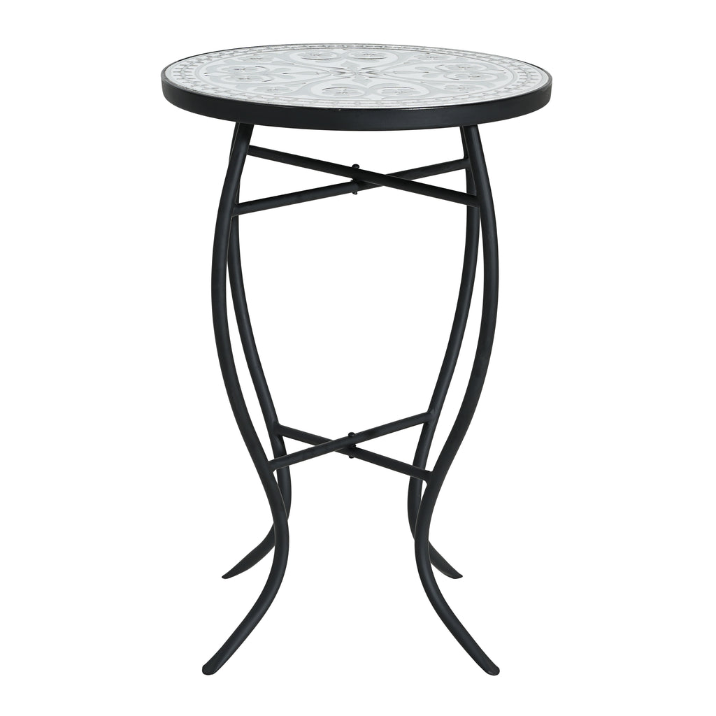 Outdoor Round Side Table with Mosaic-Style Top and Curved Iron Legs