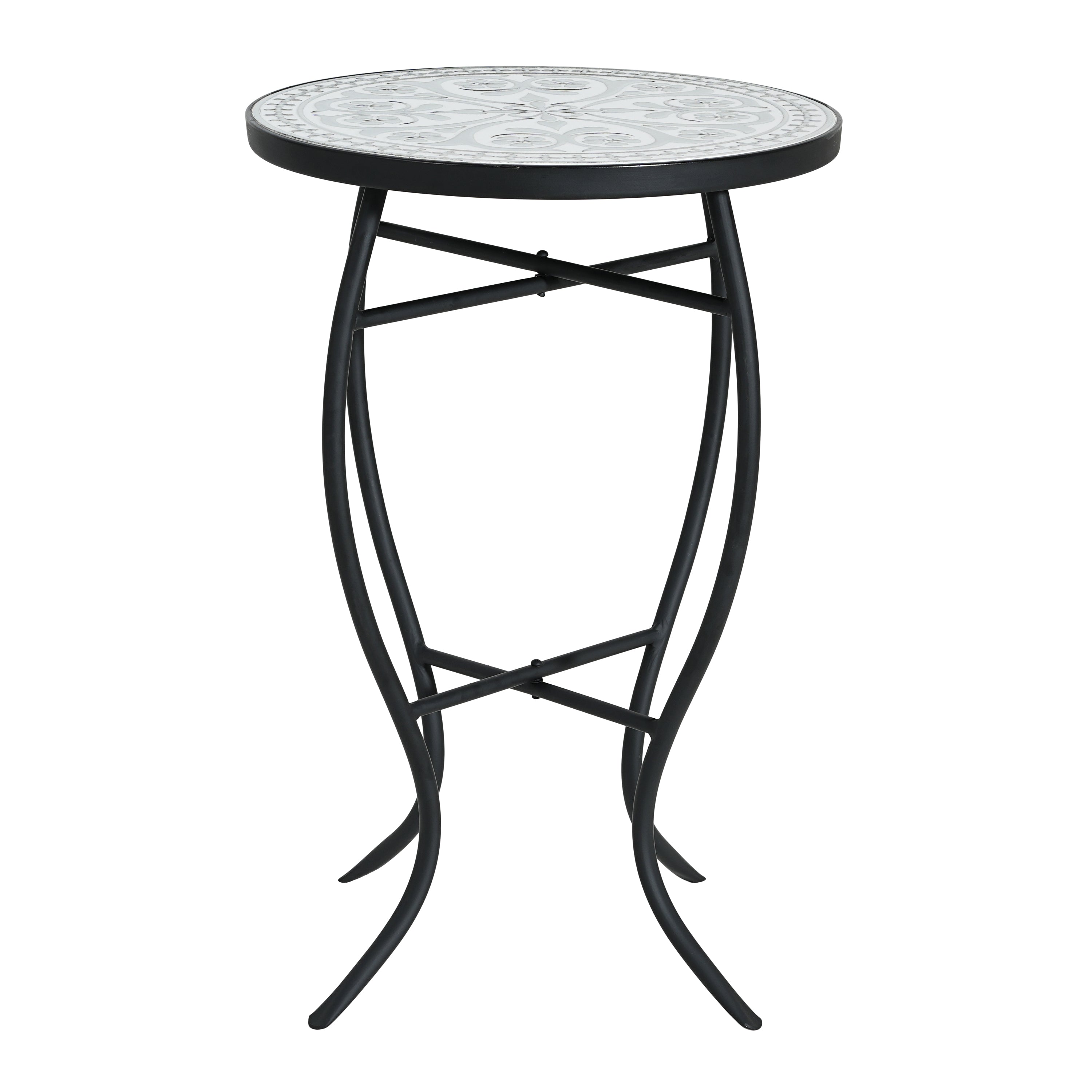 Outdoor Round Side Table with Mosaic-Style Top and Curved Iron Legs