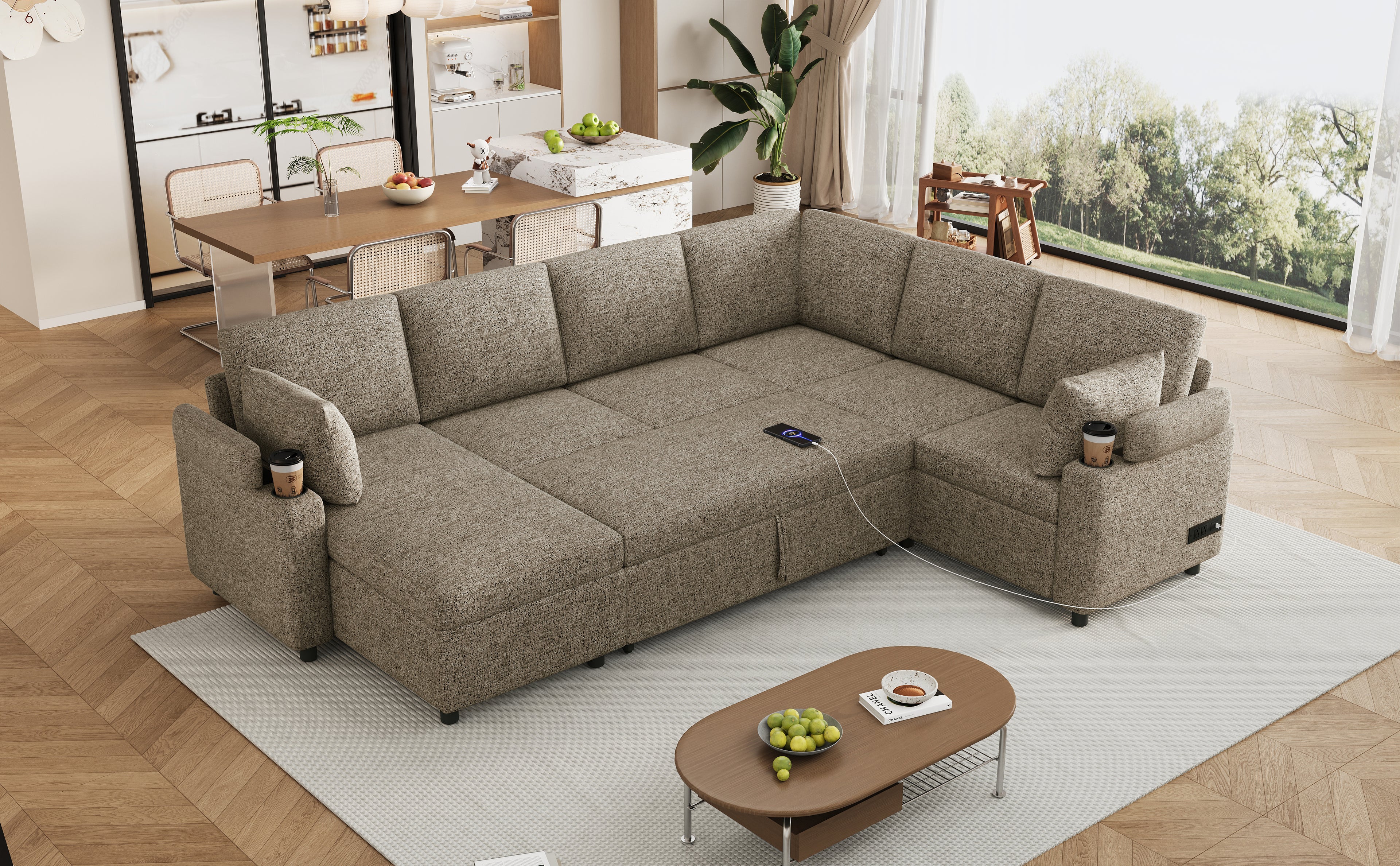 109.9" U-Shaped Sectional Sofa Bed with Storage