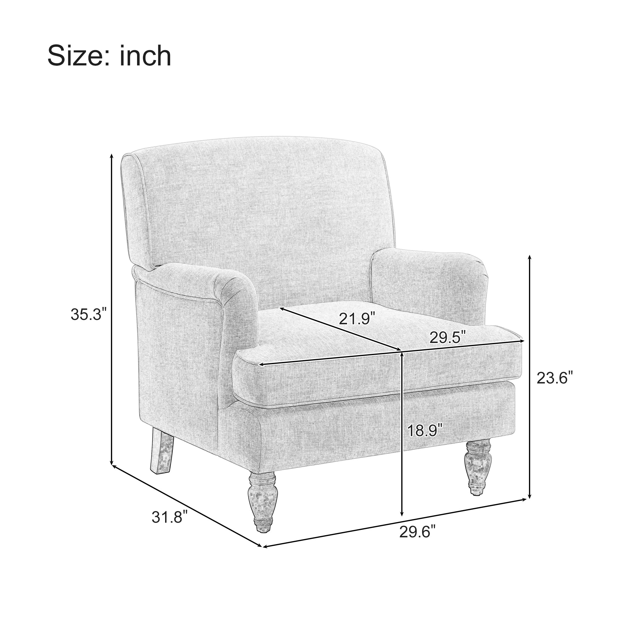 Vintage Upholstered Linen Fabric Armchair with Antique Solid Wood Legs