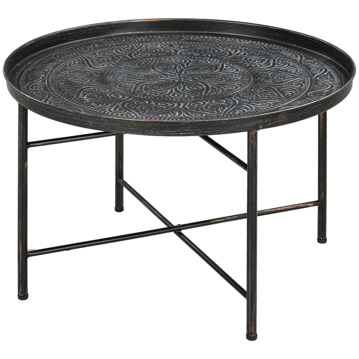 HOMCOM 24-Inch Round Coffee Table with Hammered Tray Top, Pewter