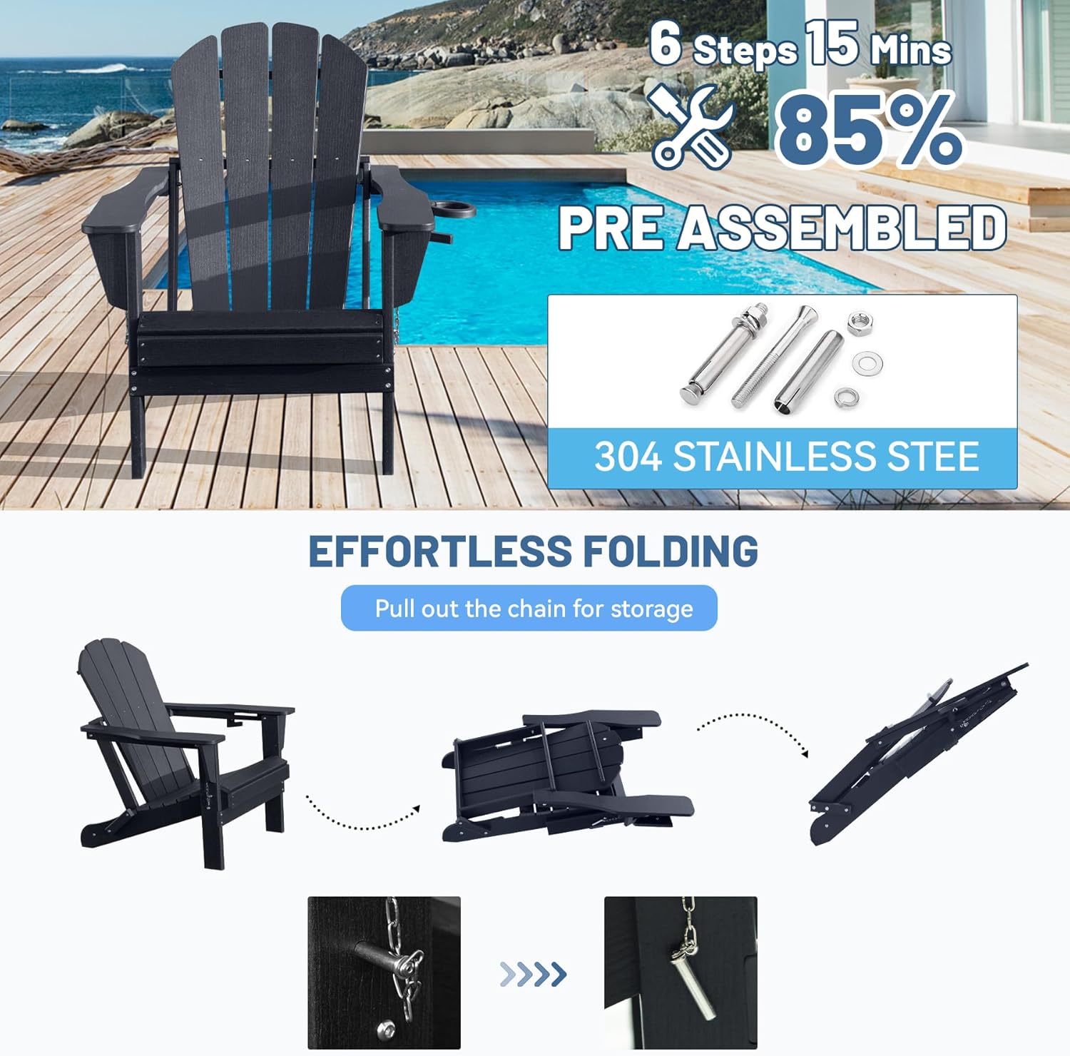 Folding Adirondack Chair with Cup Holder - Black