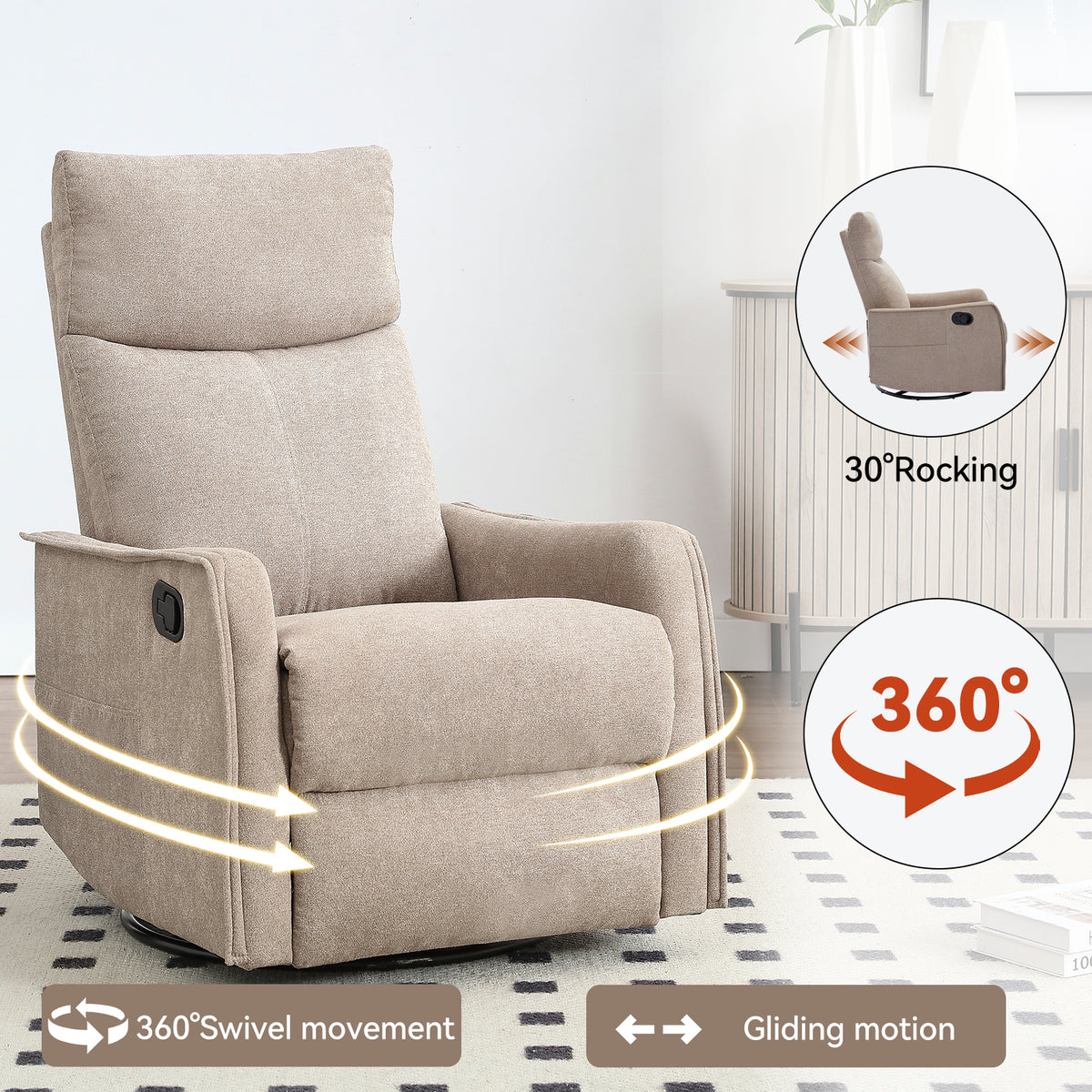 Heat Massage Manual Recliner Chair with Rocker and Swivel in Fabric for Living Room, Khaki