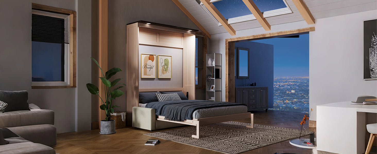 Queen Size Murphy Bed with Sofa and LED
