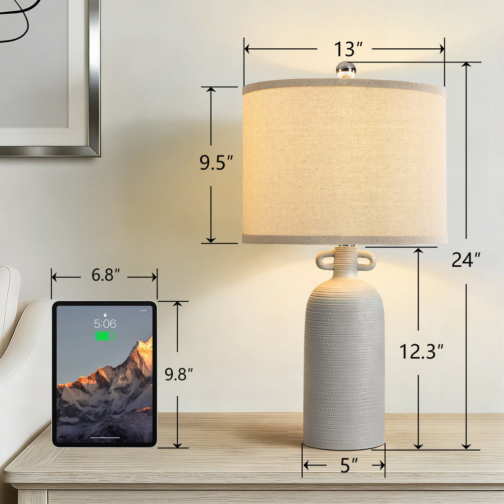 24-Inch Dimmable Ceramic Table Lamp Set with Linen Drum Shades, Gray