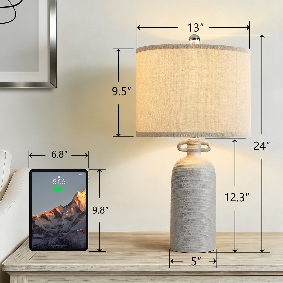 24-Inch Dimmable Ceramic Table Lamp Set with Linen Drum Shades, Gray