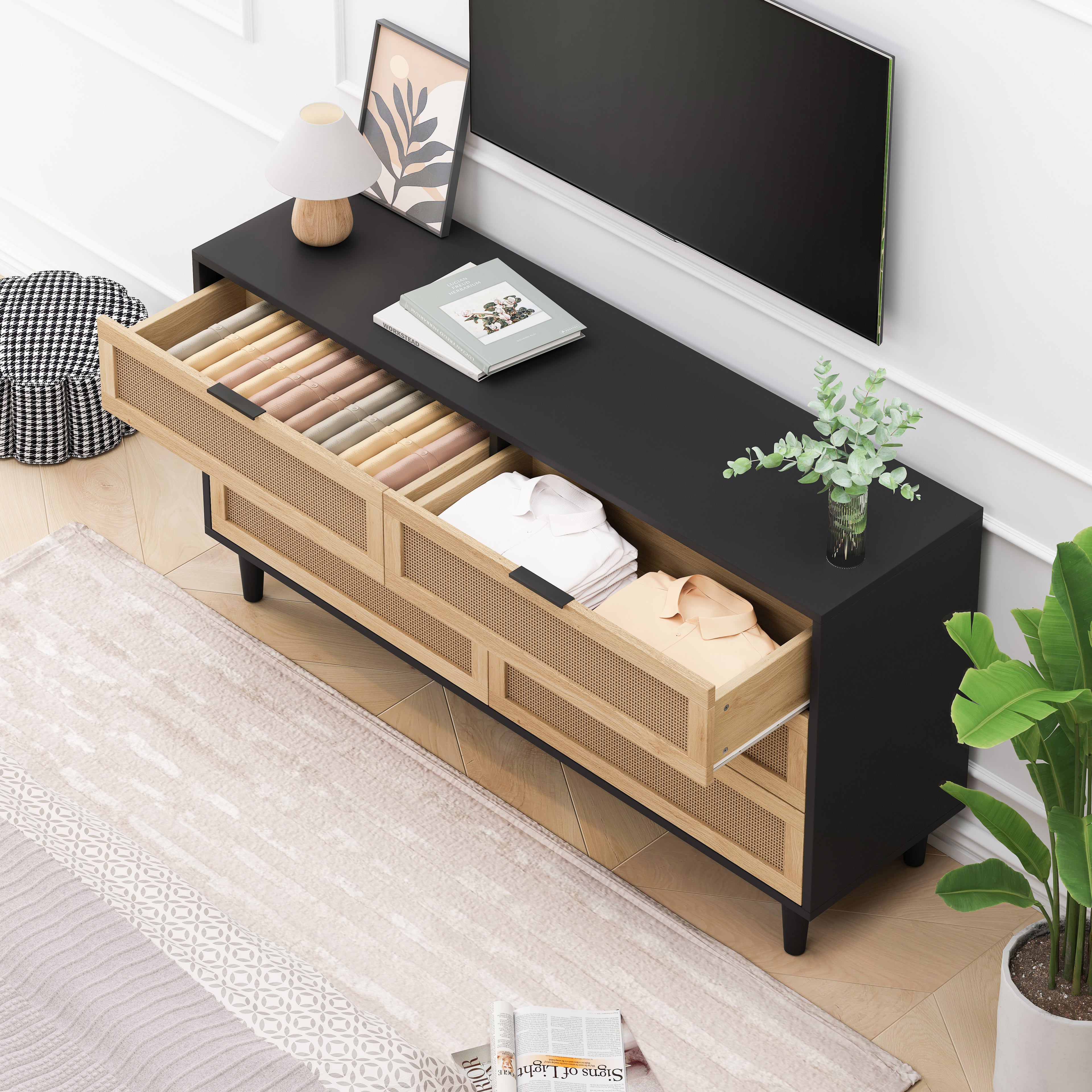 59 Inch 6-Drawer Rattan Storage Cabinet