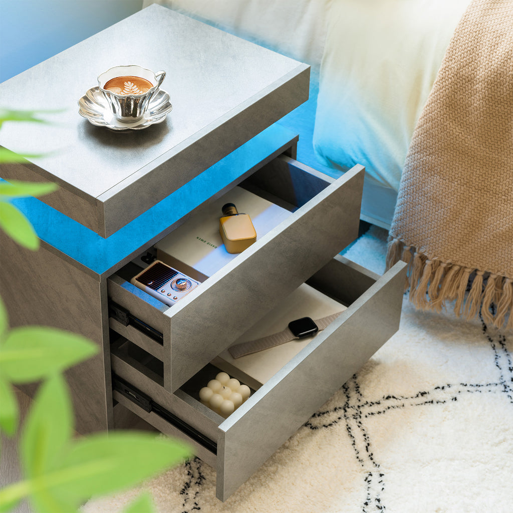 Modern LED Nightstand with 2 Drawers - Deep Gray