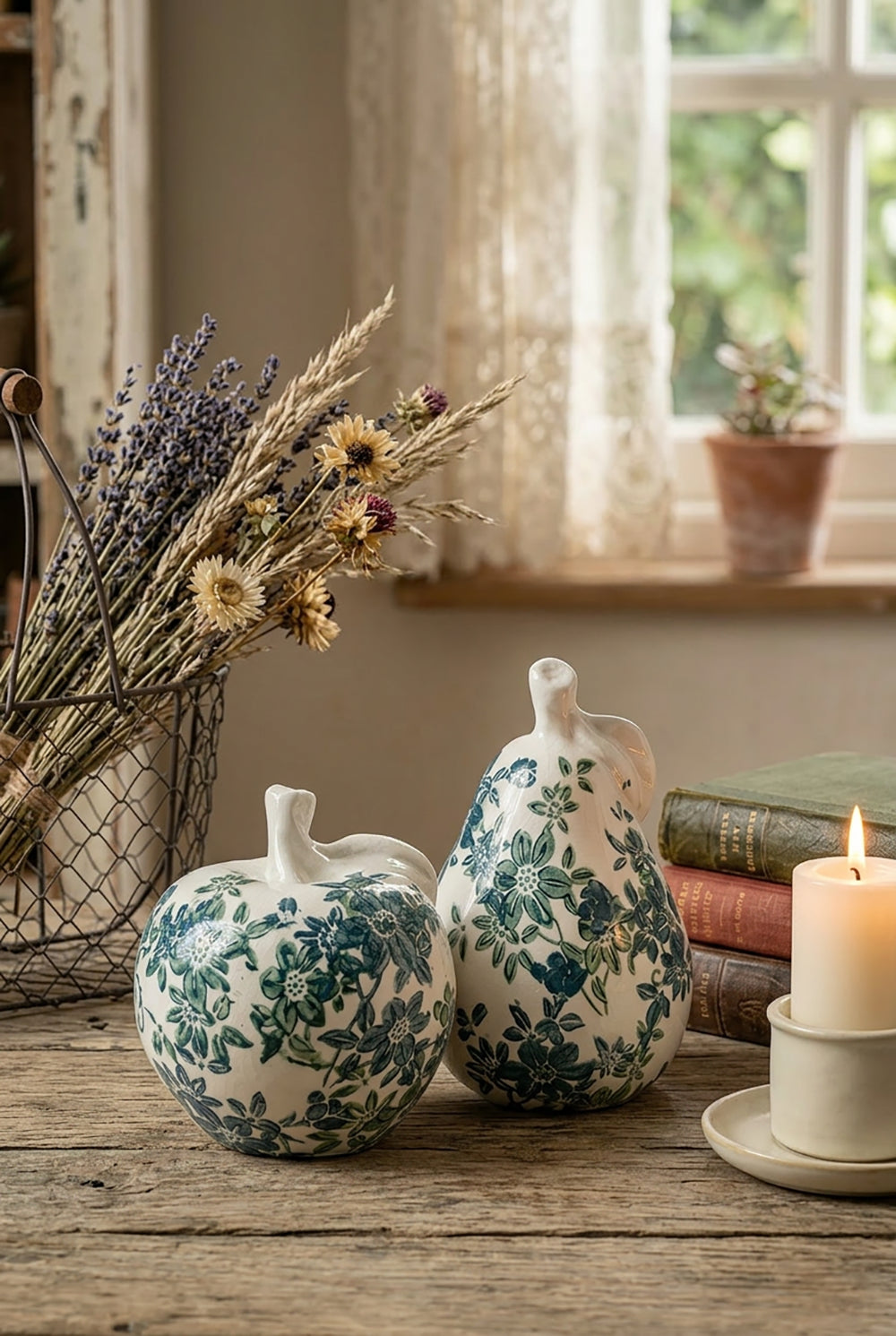 Set of 2 Floral Ceramic Pear and Apple Decor