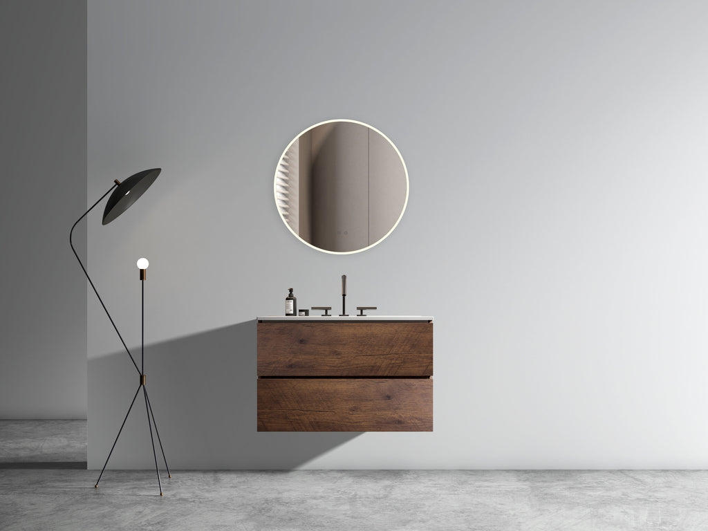 Wall Mount 30-Inch Bathroom Vanity, Walnut with Ceramic Sink