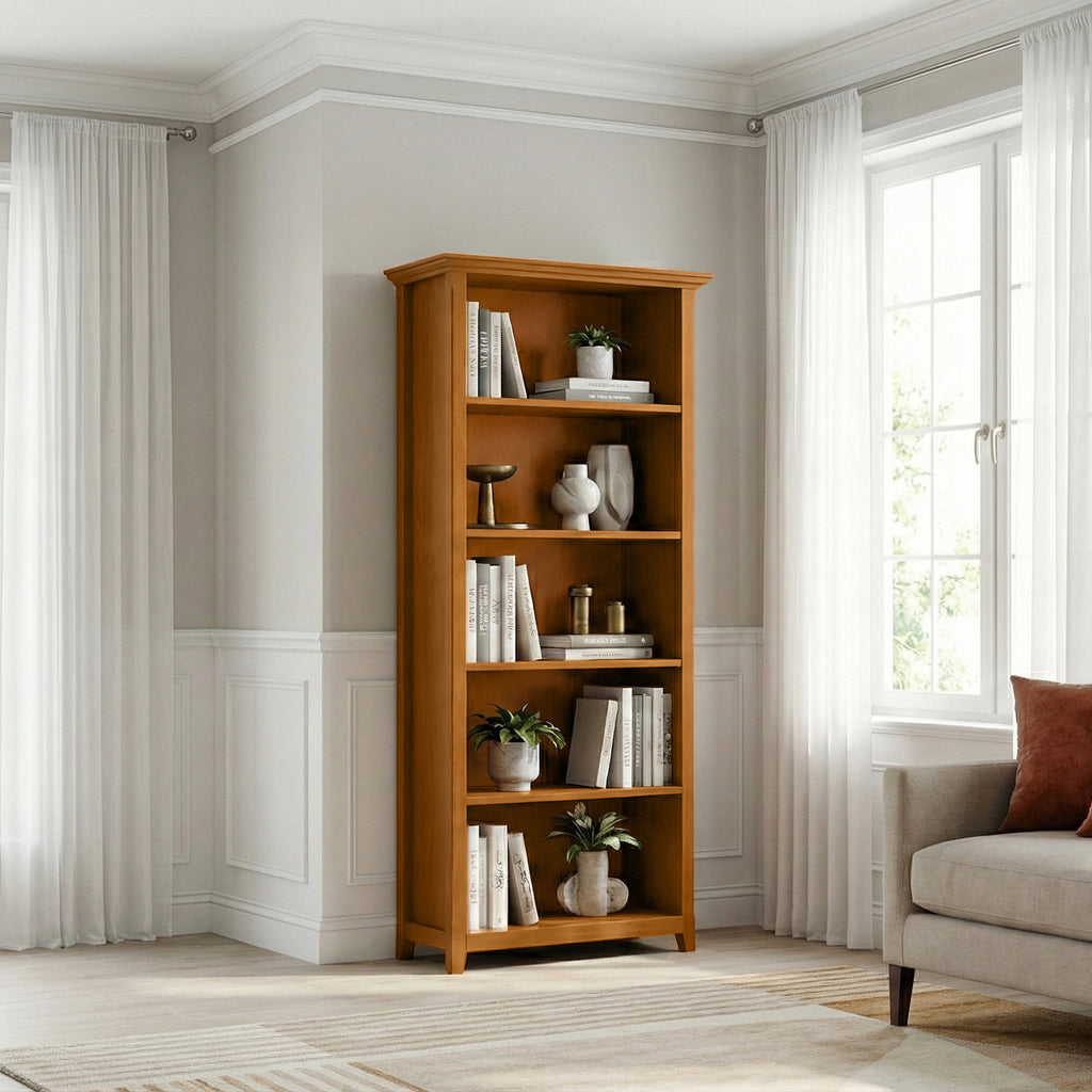 Amherst 30 Inch Solid Wood 5 Shelf Bookcase in Light Golden