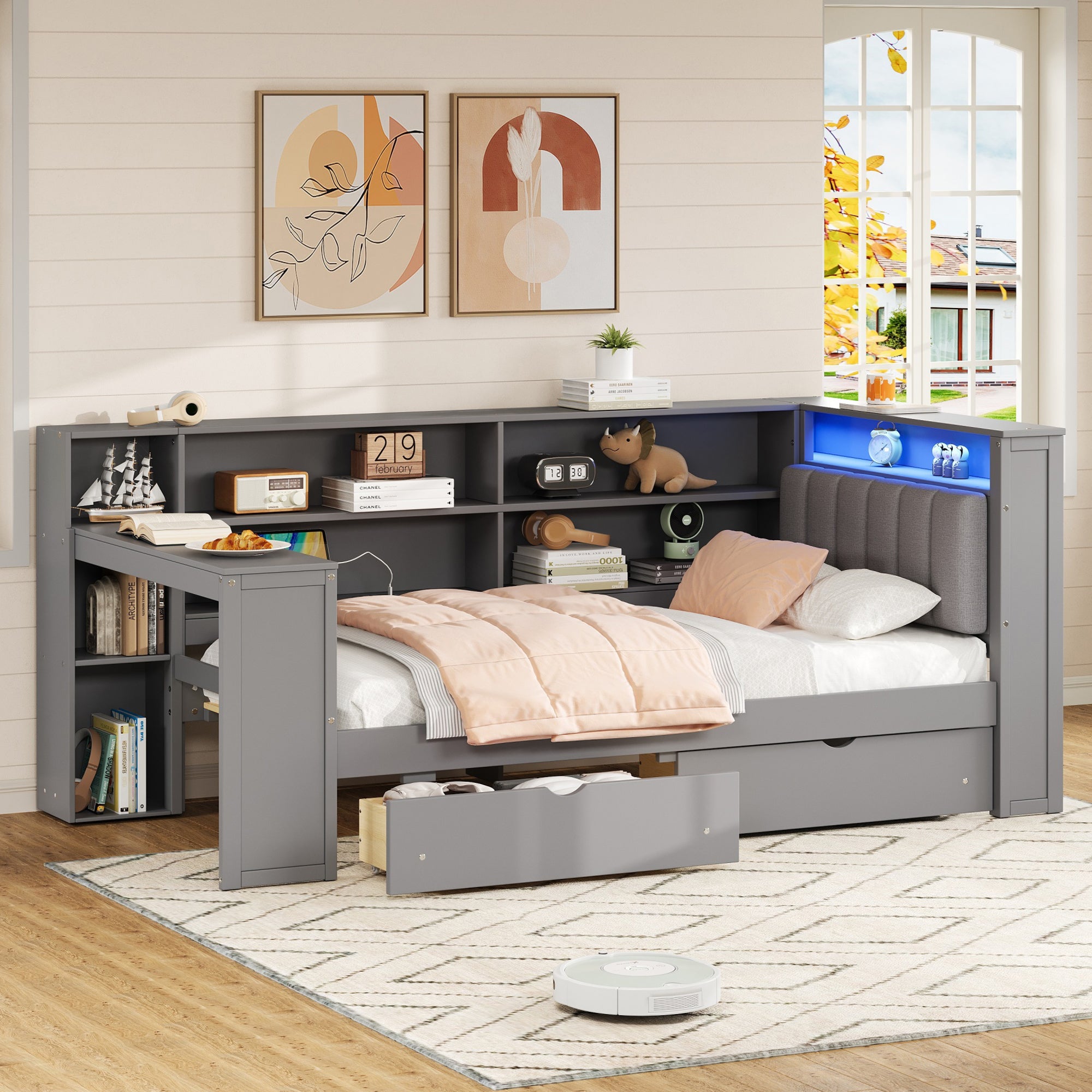 Wood Twin Size Platform Bed with Storage Shelves and Charging Station