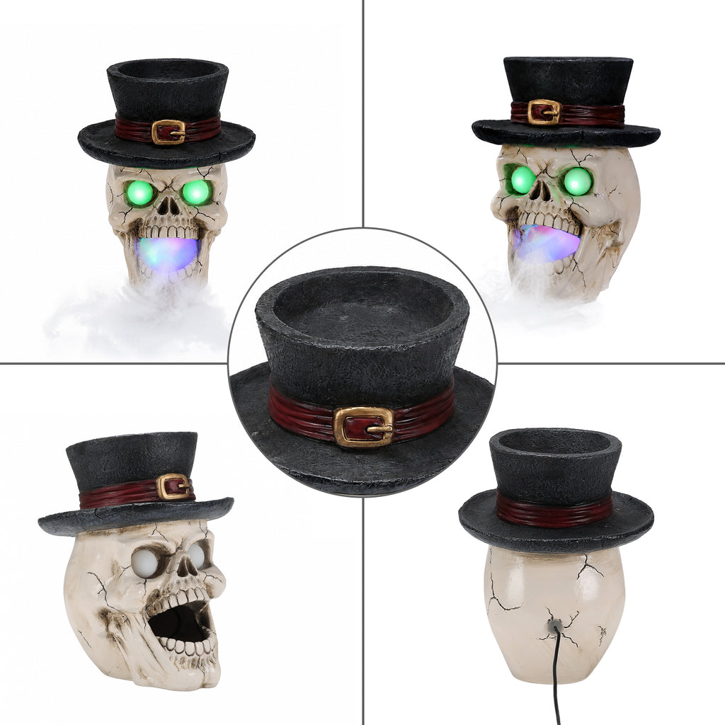 LED Light-Up Skull with Top Hat & Mist Maker Halloween Decoration