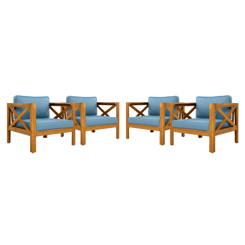 Outdoor Acacia Wood Club Wooden Armchair with Cushions (Set of 4)