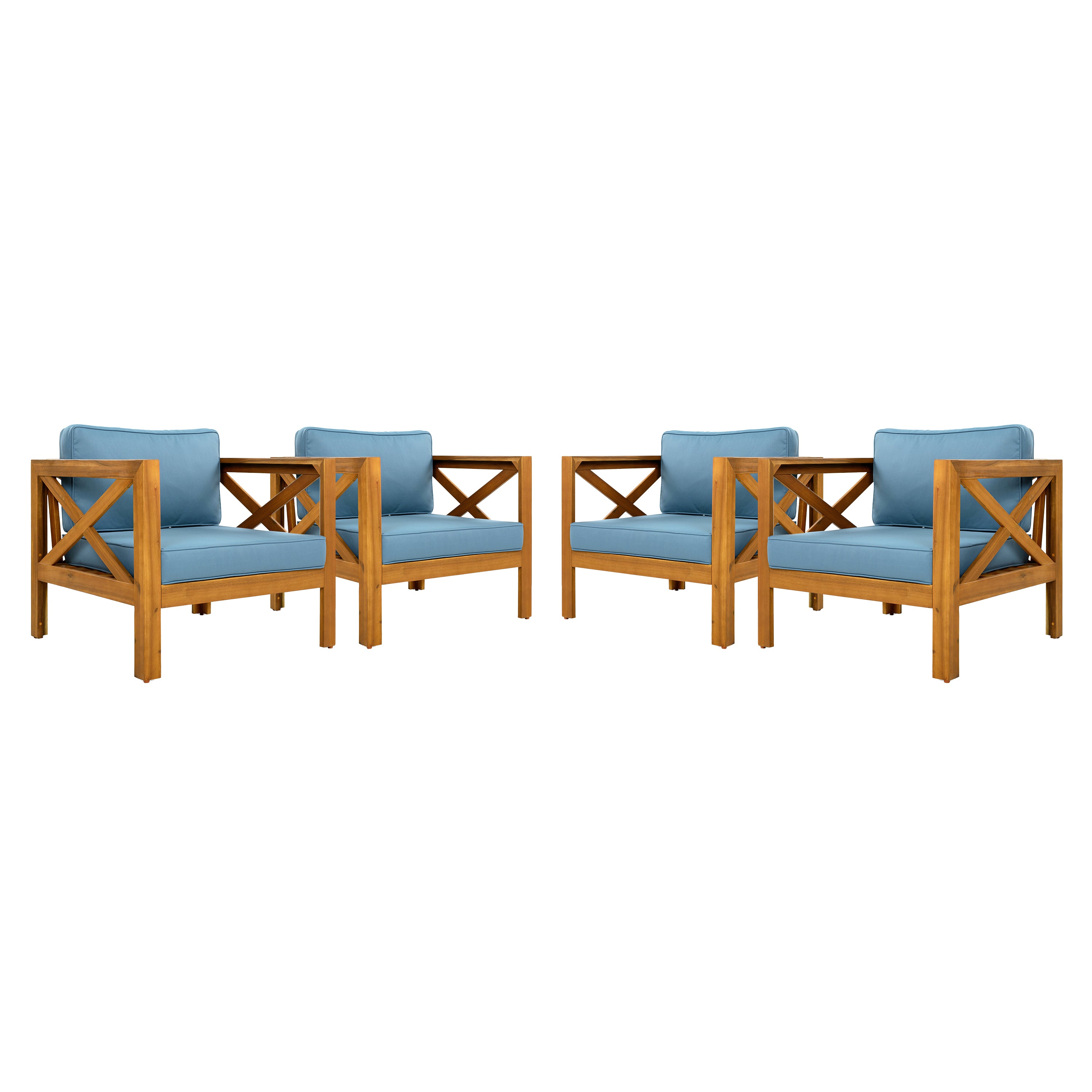 Outdoor Acacia Wood Club Wooden Armchair with Cushions (Set of 4)
