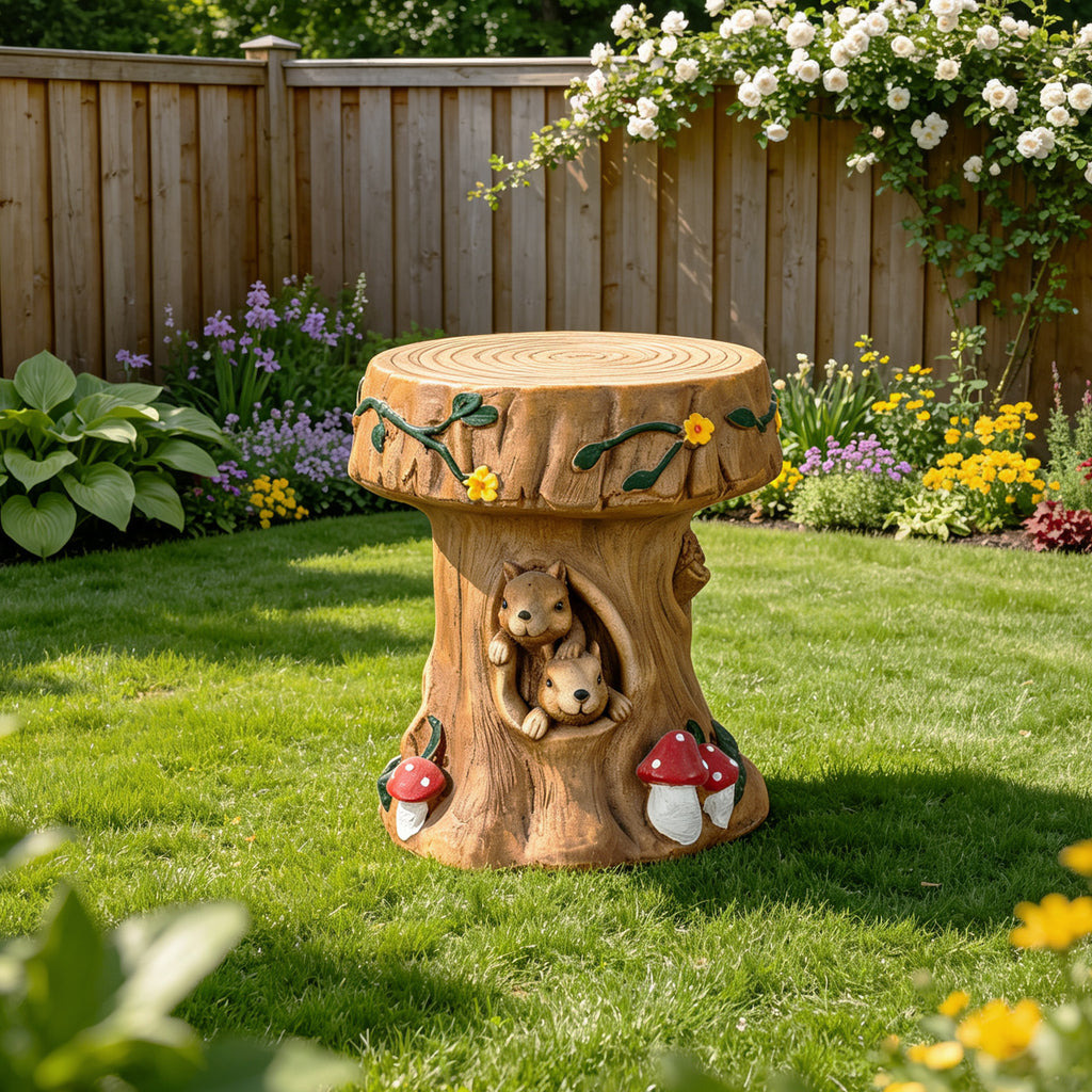 Squirrel Tree Stump Stool Garden Statue