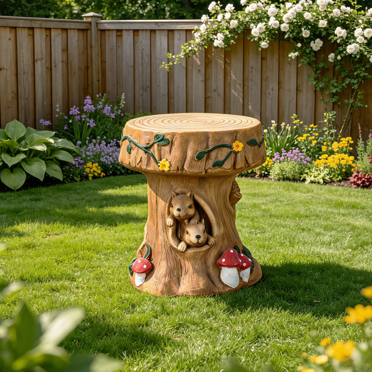 Squirrel Tree Stump Stool Garden Statue