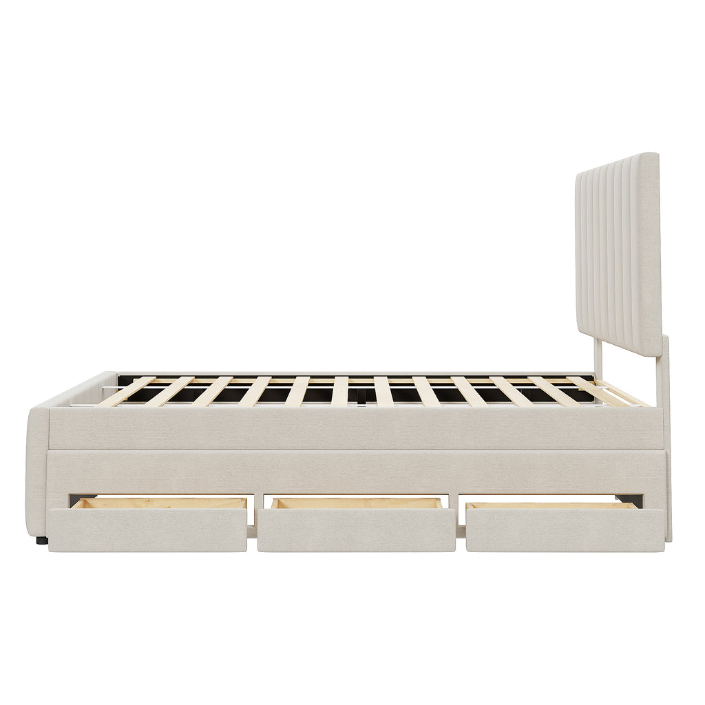 Full Size Upholstered Platform Bed with Twin Size Trundle and 3 Drawers