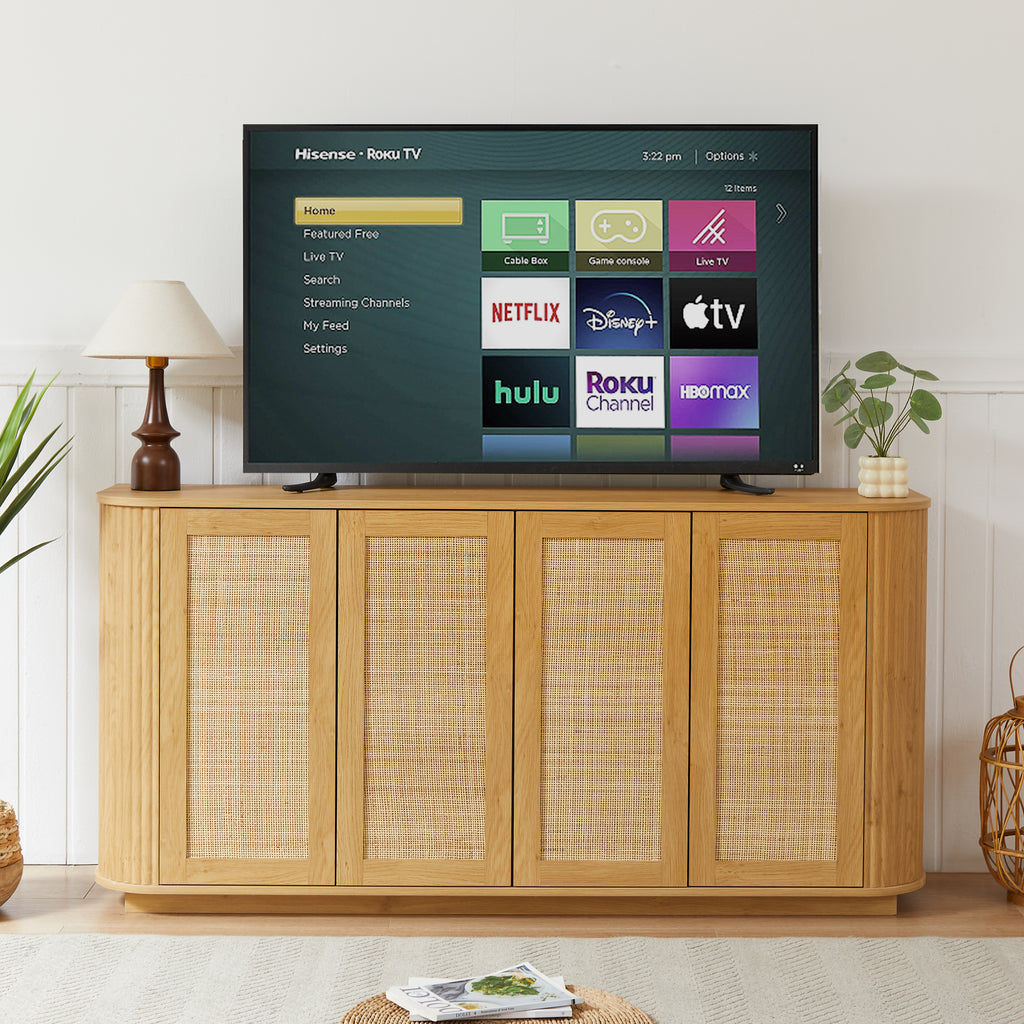 64-Inch Wave Shaped TV Stand with Rattan Doors