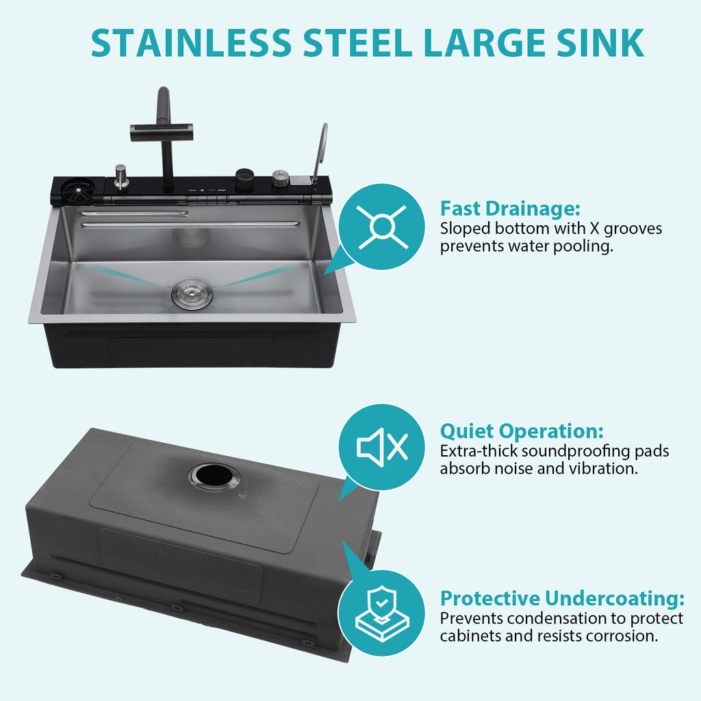 30" Kitchen Sink Waterfall Sink - Multifunction Single Bowl
