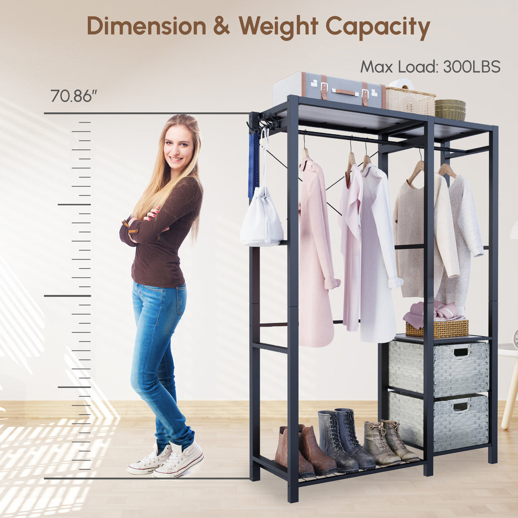 Acacia Wood Garment Racks with Shelves and Wicker Drawers