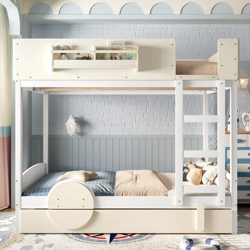 Full Bunk Bed with Trundle, White & Beige