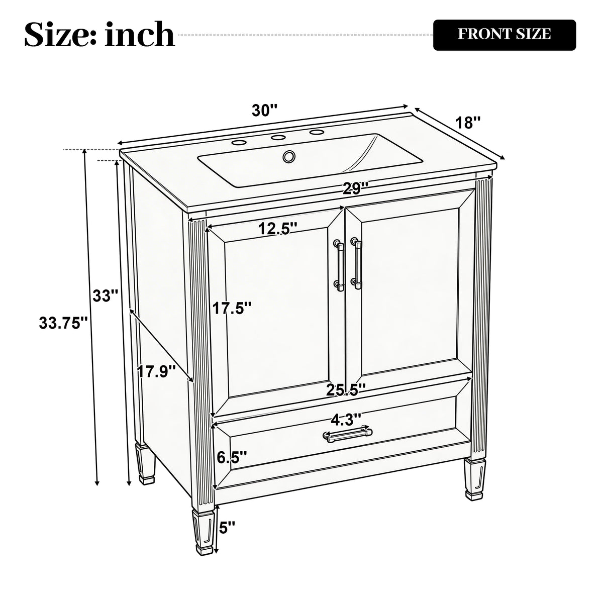 30" Elegant Fluted Bathroom Vanity with Ceramic Sink