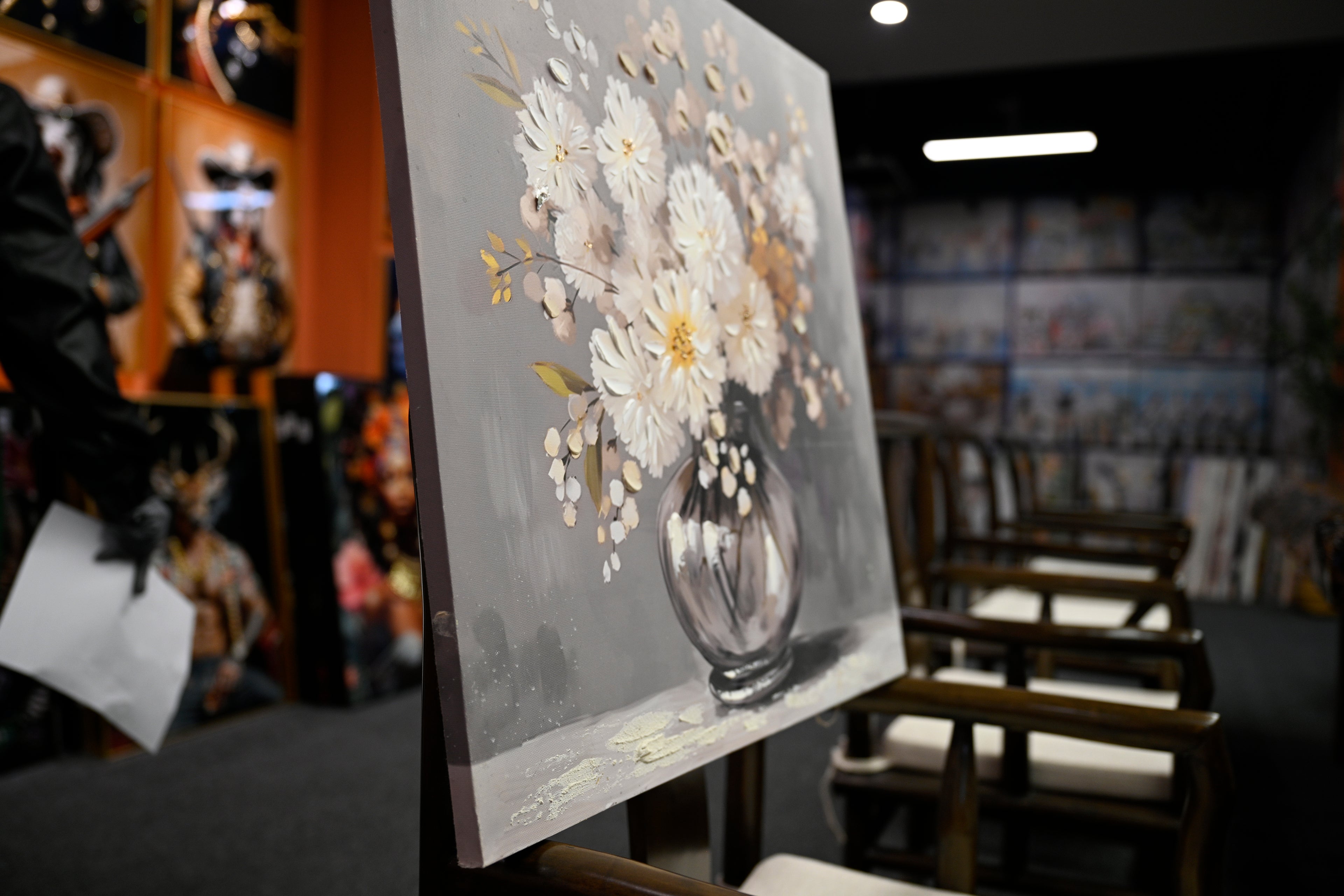White Chrysanthemum Glass Vase Canvas Wall Art