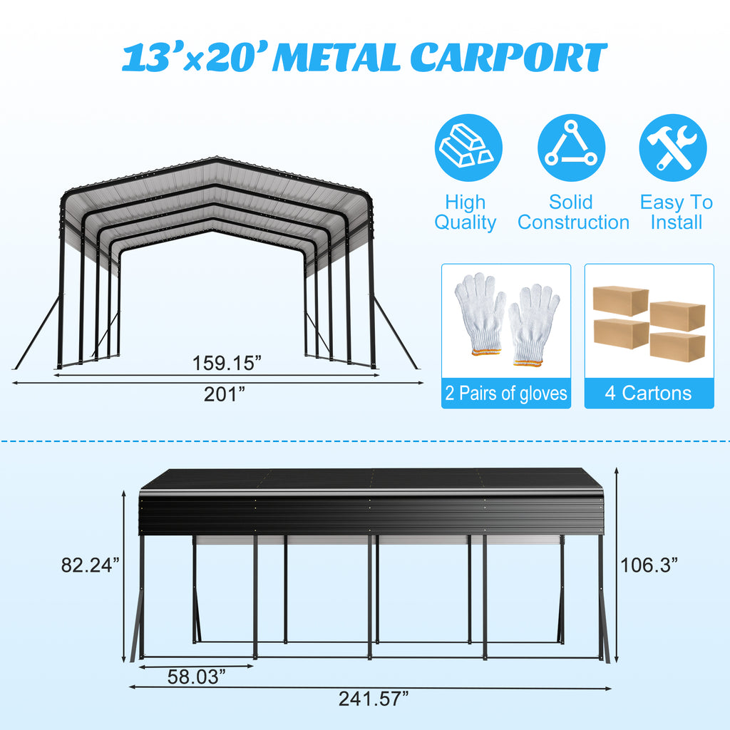 13x20 FT Metal Carport with Upgraded Triangle Reinforced Frame