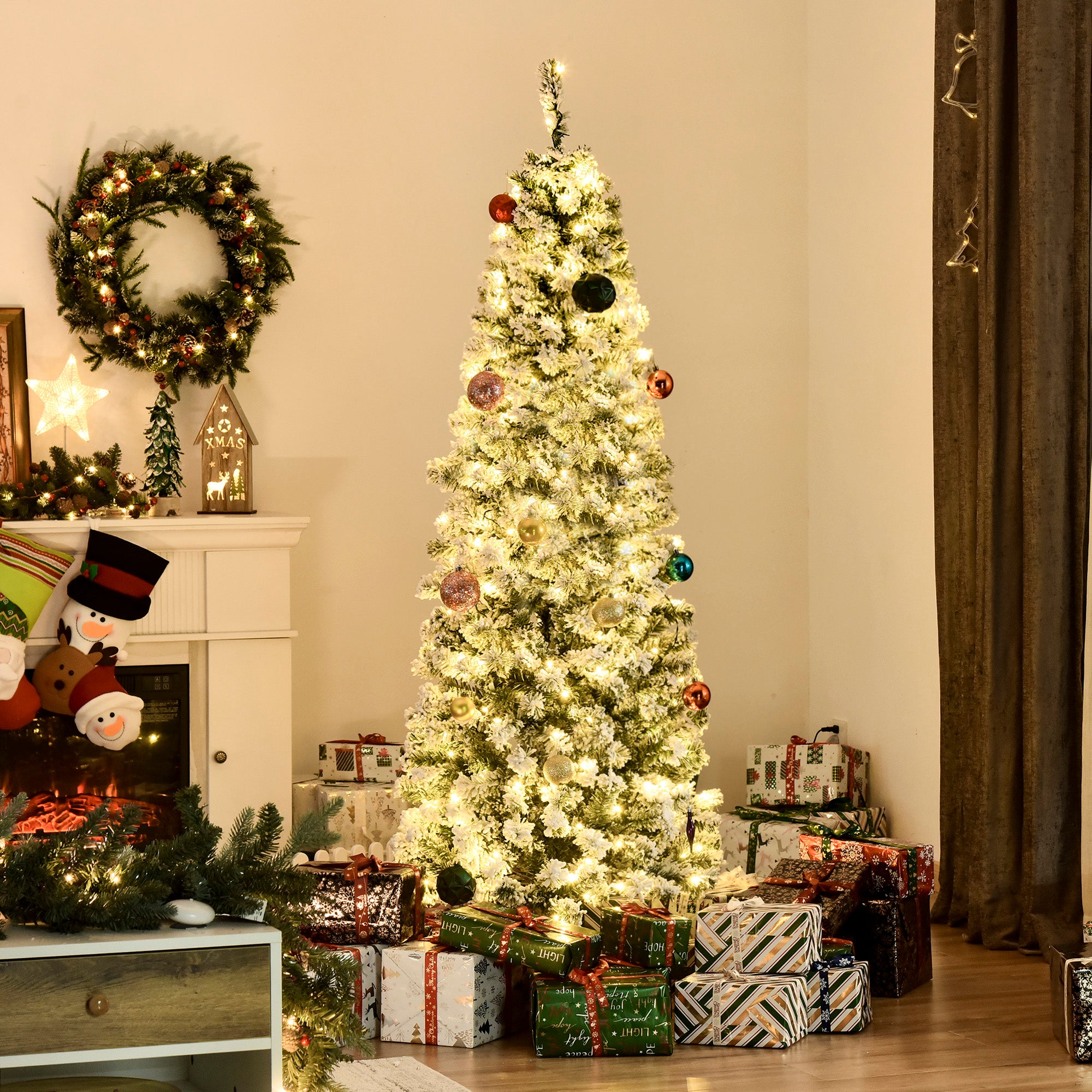 HOMCOM 6ft Pre-Lit Snow-Flocked Slim Douglas Fir Artificial Christmas Tree