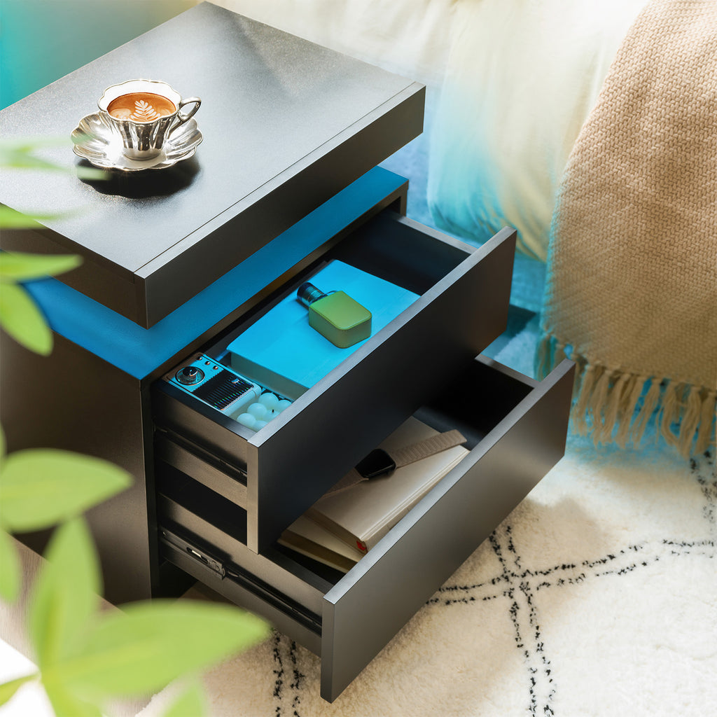 Nightstand LED Bedside Table Cabinet with 2 Drawers