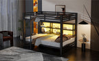 Metal Queen Over Queen Bunk Bed with Storage Cabinets and LED