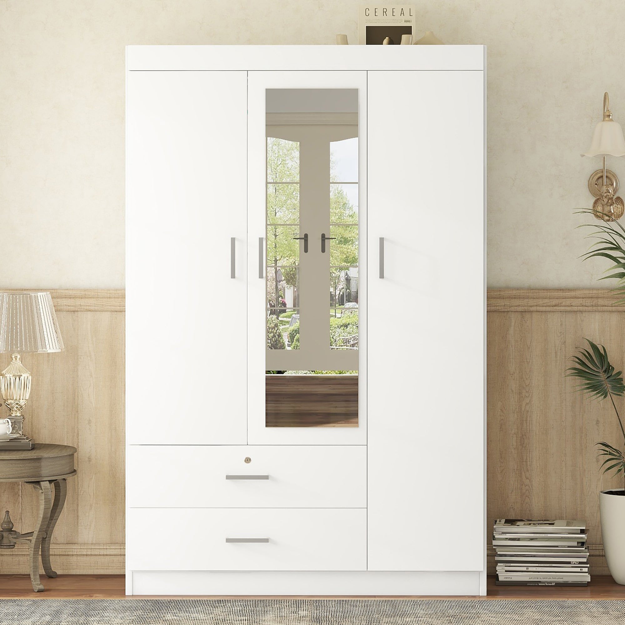 3-Door Mirror Wardrobe with Shelves
