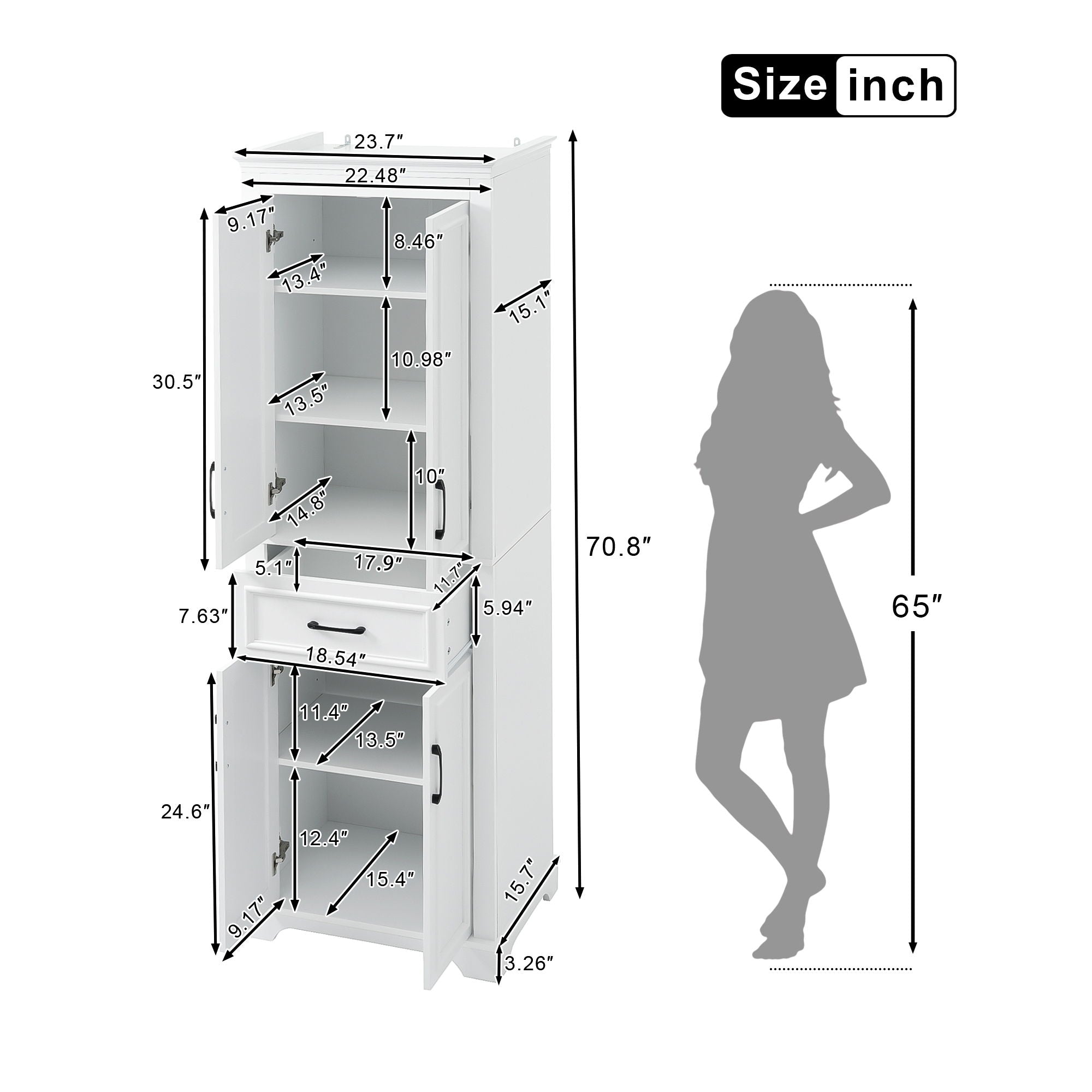Freestanding Bathroom Vanity, Elegant Design With 4 Doors & 1 Drawer, Adjustable Shelves, Damping Hinges - White