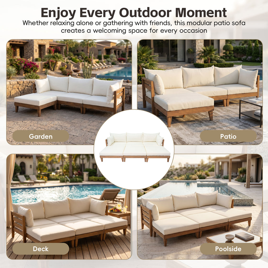 TOPMAX Outdoor Large 96.3" W Daybed Acacia Wood 6-Piece Patio Sofa Set