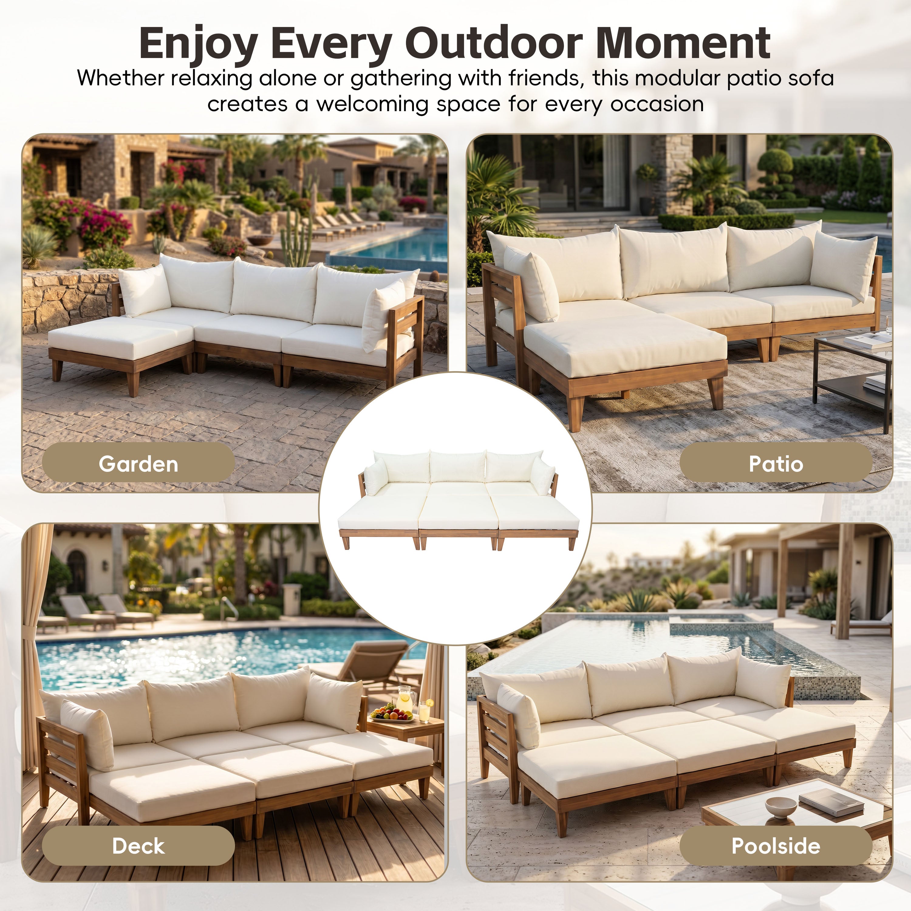 TOPMAX Outdoor Large 96.3" W Daybed Acacia Wood 6-Piece Patio Sofa Set