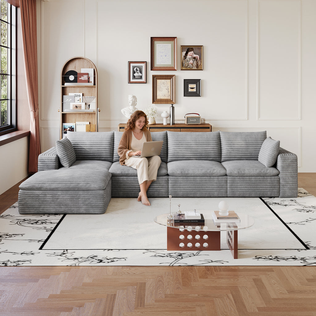 Cloud Sofa 134-Inch, Corduroy Fabric, Deep Seat, Grey