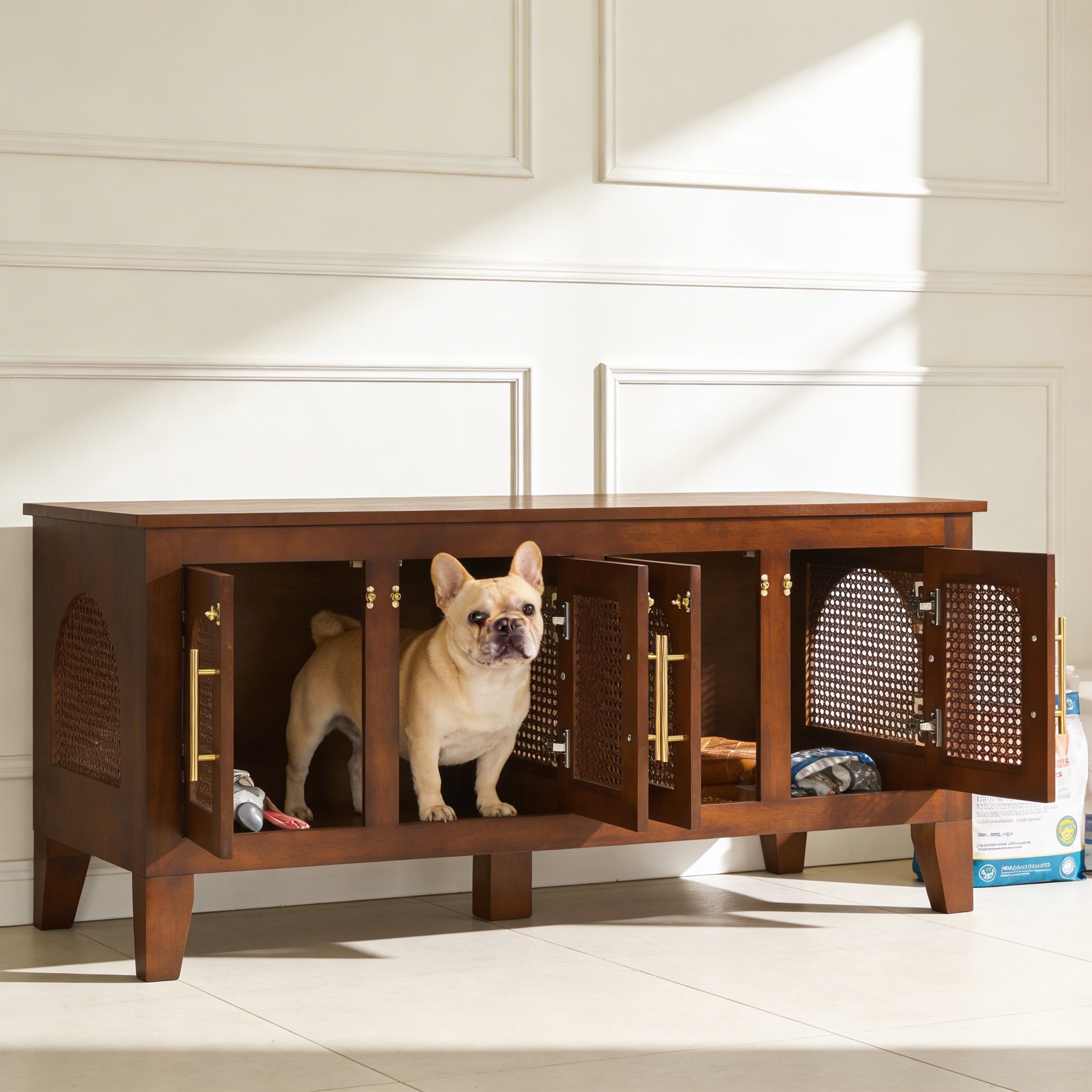 Lars Indoor Rattan Decorated Rubber Wood Dog Crate Cabinet Furniture