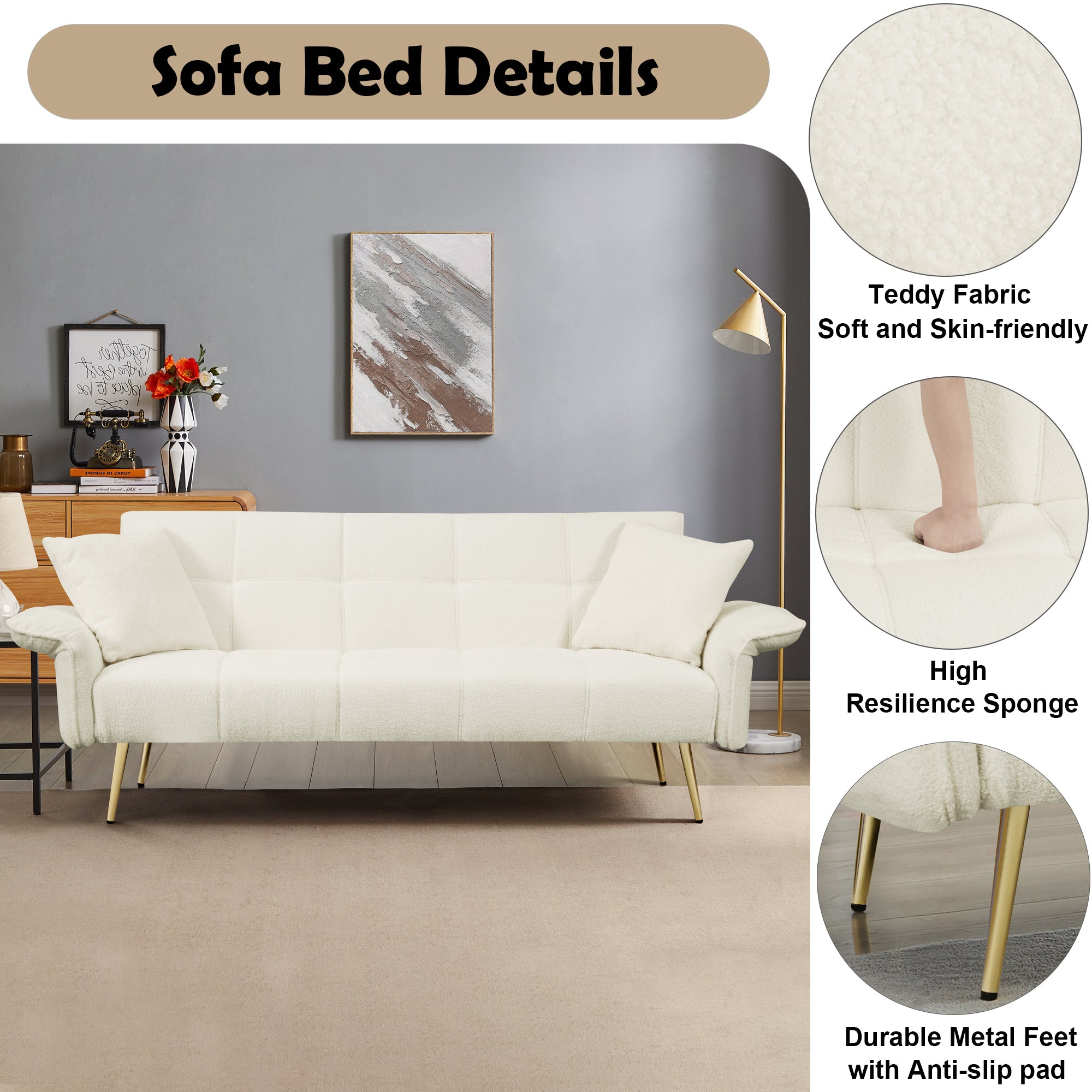 70.1" Futon Sofa Bed Convertible Double Sofa Bed with Folding Armrests