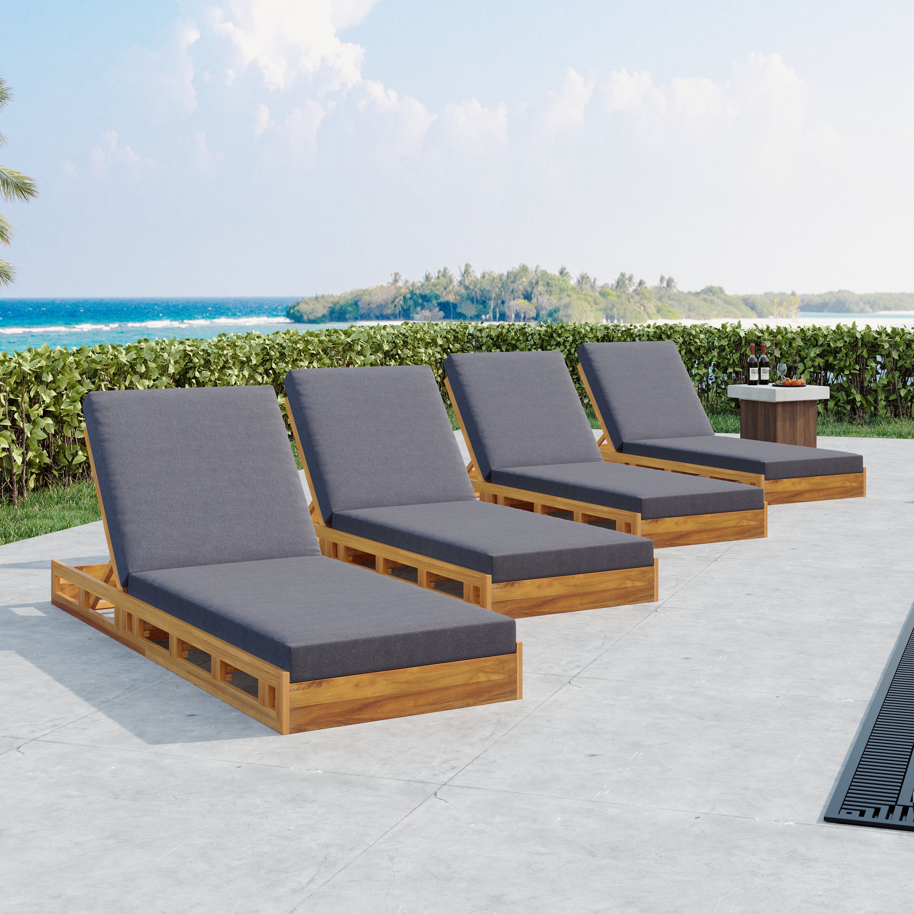 Lounge Chaise Set, Acacia Wood with Water-Resistant Lounge Cushions