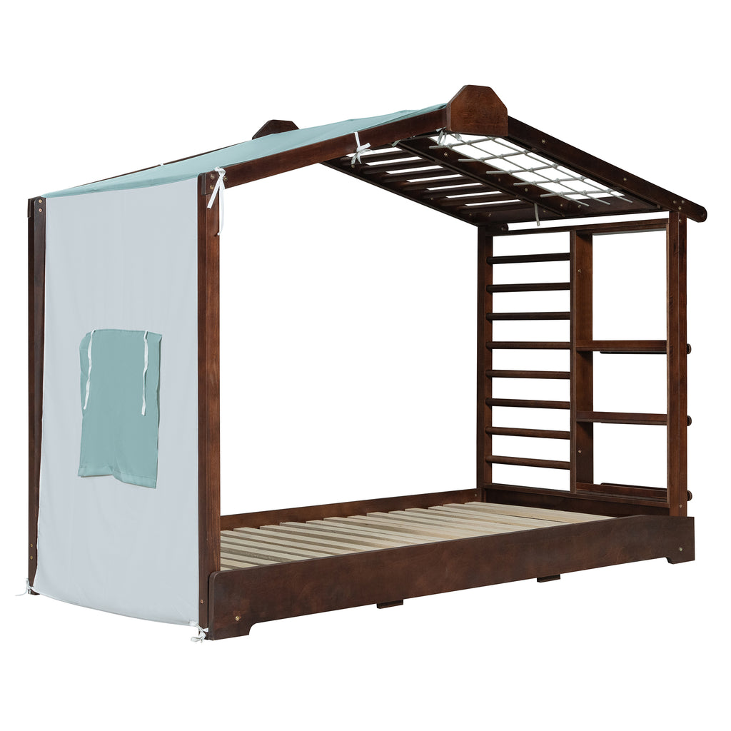 Twin Size House Bed with Twin Size Trundle and Side Shelves
