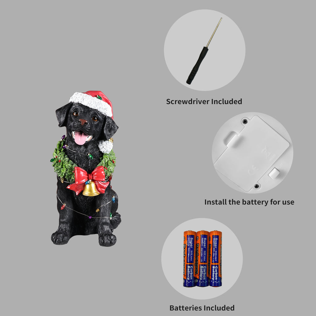 Lighted Christmas Labrador Retriever Dog Statue, Santa Hat, Black