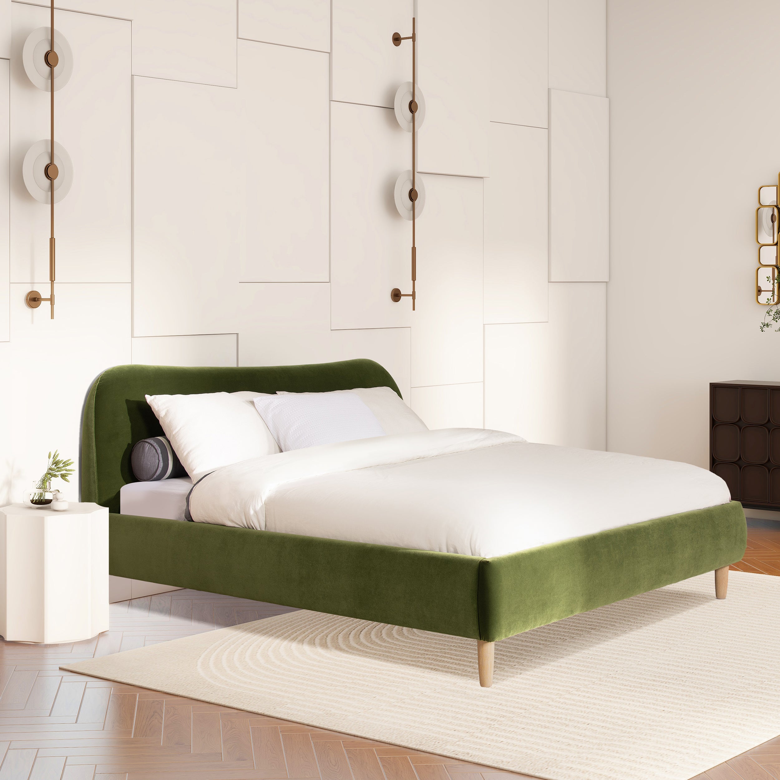 Roman Curved Headboard Upholstered Platform Bed, King, Olive