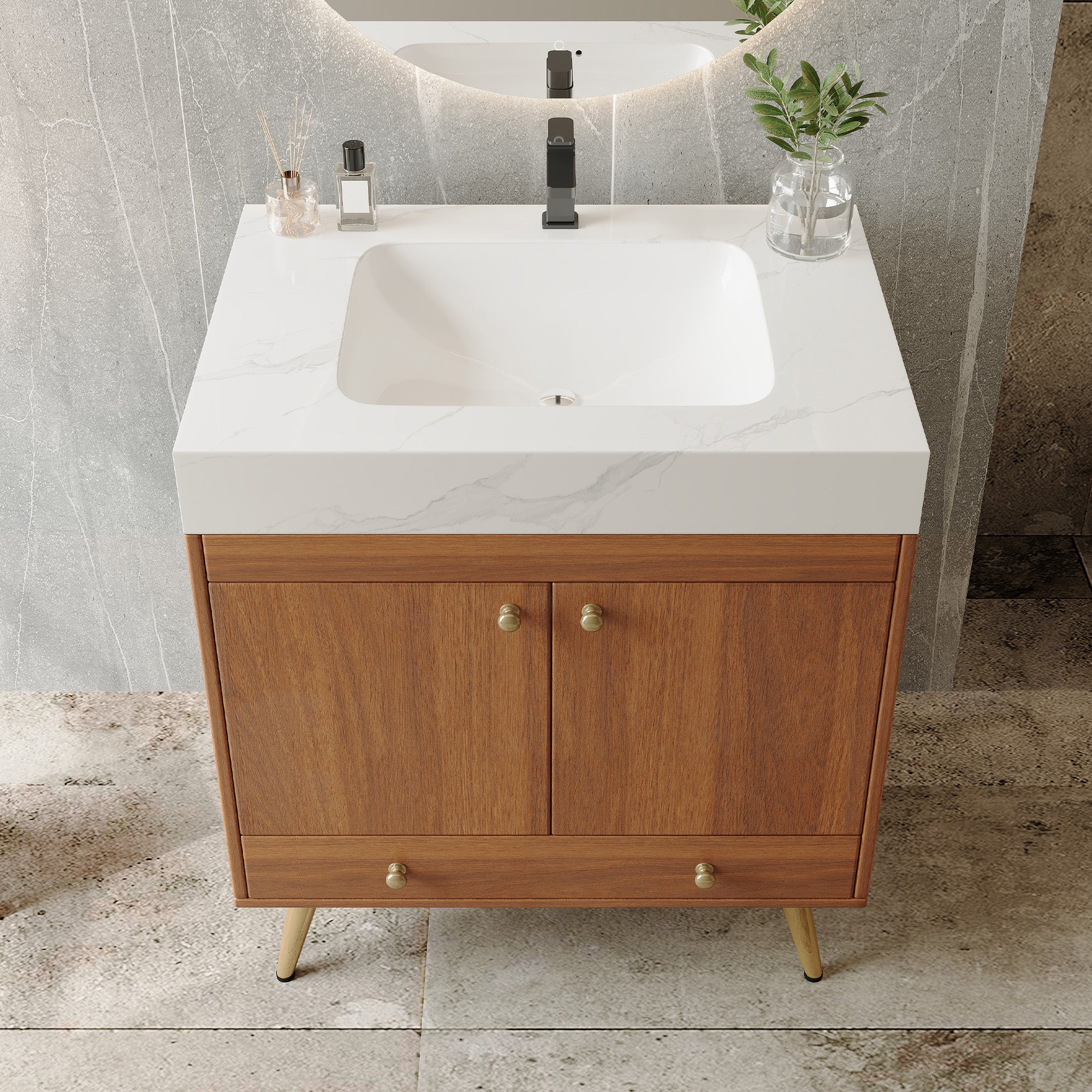 Mid-Century Freestanding Bathroom Vanity with Faux Marble Top