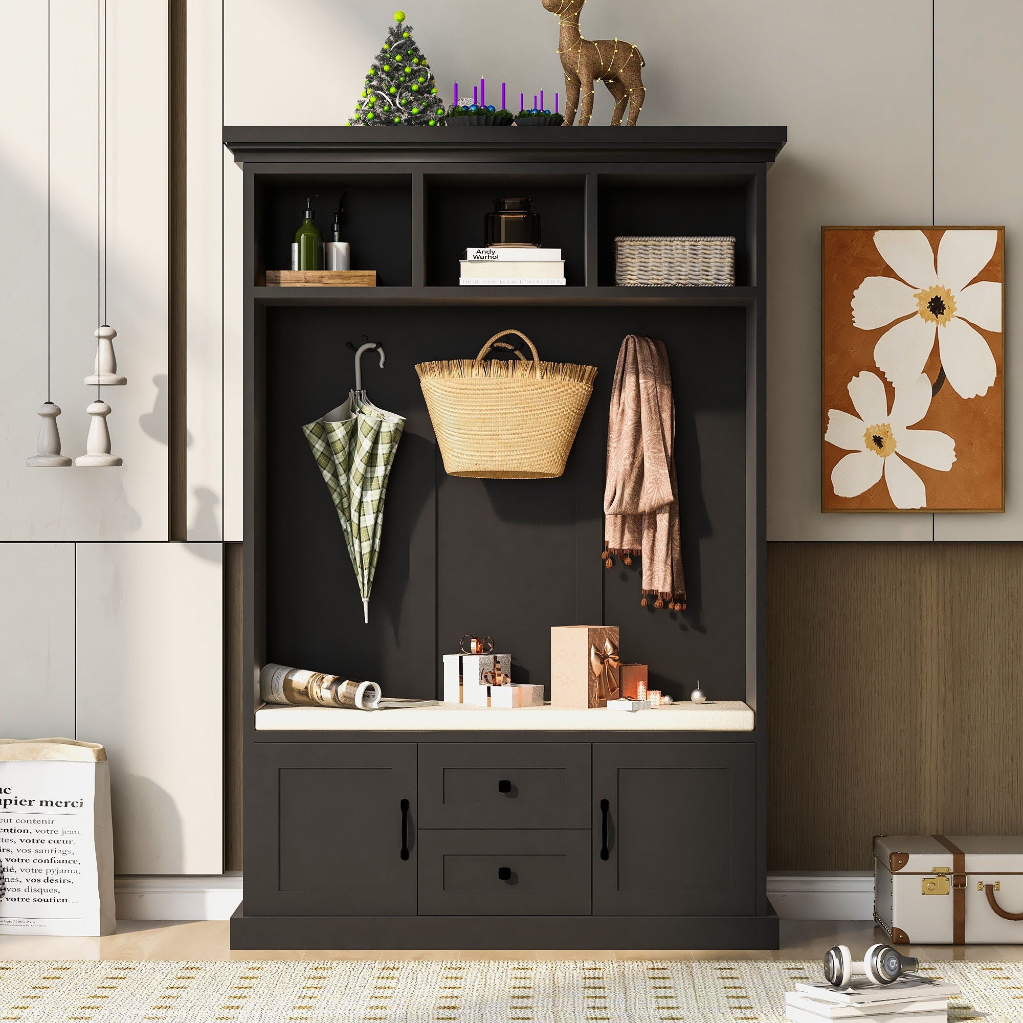 Hall Tree With 3 Hooks, Coat Hanger, Entryway Bench, Storage Bench, 3 In 1 Design