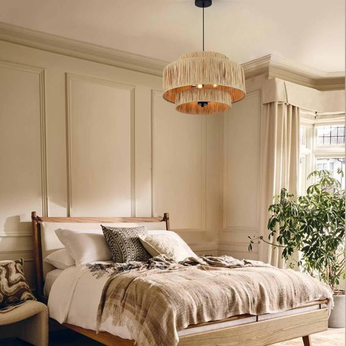 3-Light Boho Chandelier, Natural Rattan, 19.7-Inch Round